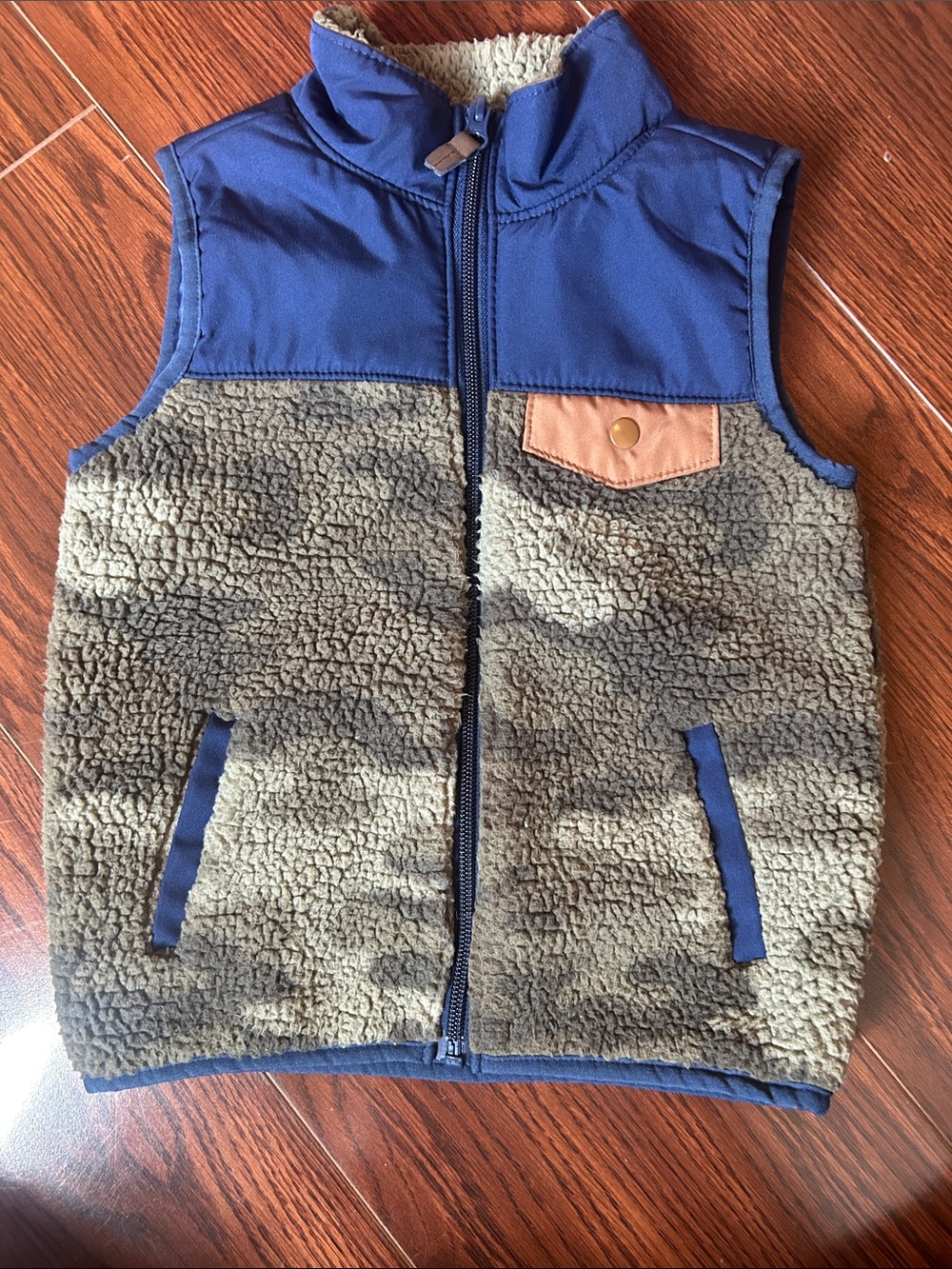 Carter's Blue Yoke Olive Camo Sherpa Vest with Tan Patch